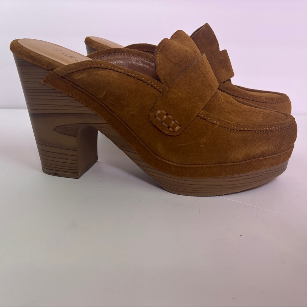 Splendid Vina Caramel Tan Suede Wood Look Block Heel Platform Mule Clogs 8